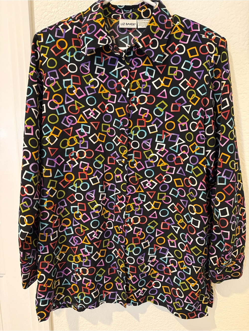 Liz Baker Black Blouse with Neon Geometric Motif